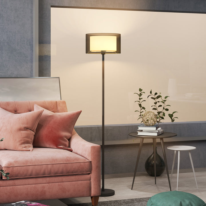 Gulvlampe, tofarvet lampeskærm, fodkontakt, metal, sort