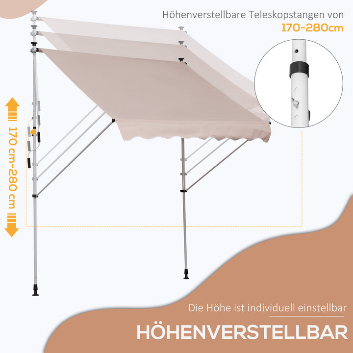 Klemmemarkise med håndsving, højdejusterbar, leddelt armmarkise, smudsafvisende, vejrbestandig, balkonmarkise 150 cm bred, terrassemarkise til terrasse, balkon, veranda, cremehvid