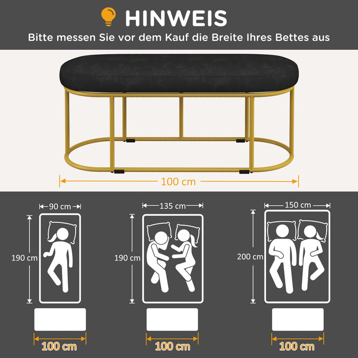 Skobænk i retrodesign, sengebænk, entrébænk, fløjlslook, op til 200 kg, metalstel, sort, 100 x 37 x 43 cm