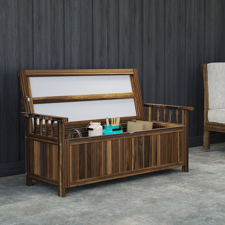 2-Personers havebænk i træ, vejrbestandig bænk, havemøbler med armlæn med opbevaring 128,5 x 56 x 53,5 cm, forkullet