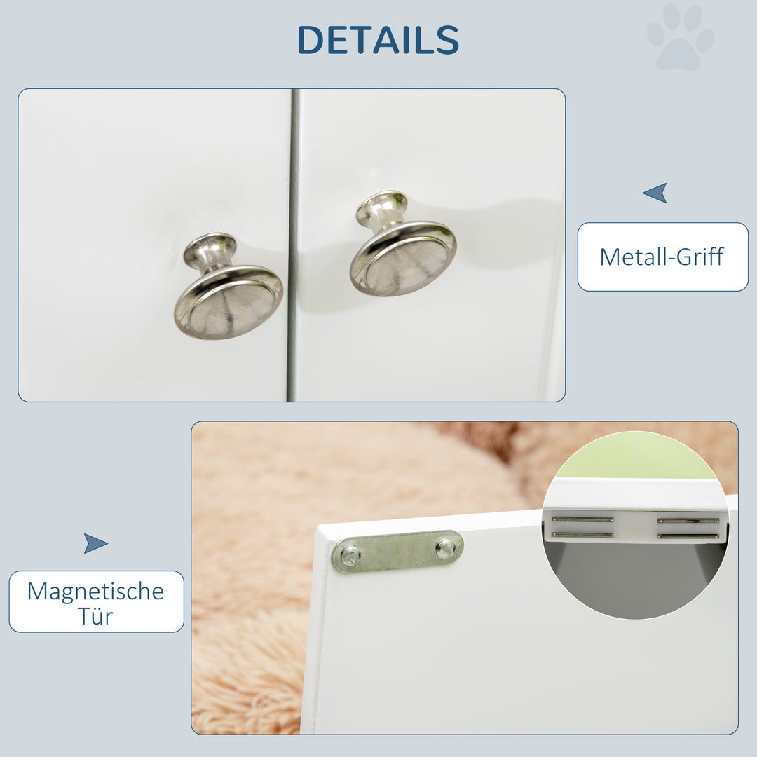 Hundefoderstation, 2 skåle i rustfrit stål, 44 liters skab, magnetiske døre, hvid, 60x30x35,5 cm