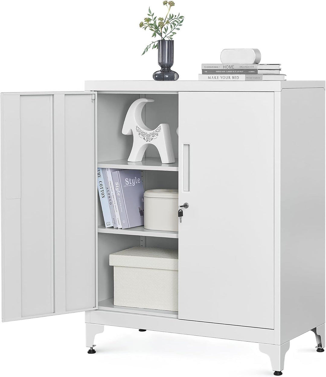 Opbevaringsskab med 2 låger og lås, gråt stålskab med dybe hylder, mål ca. 80 x 40 x 90 cm (H x B x D)