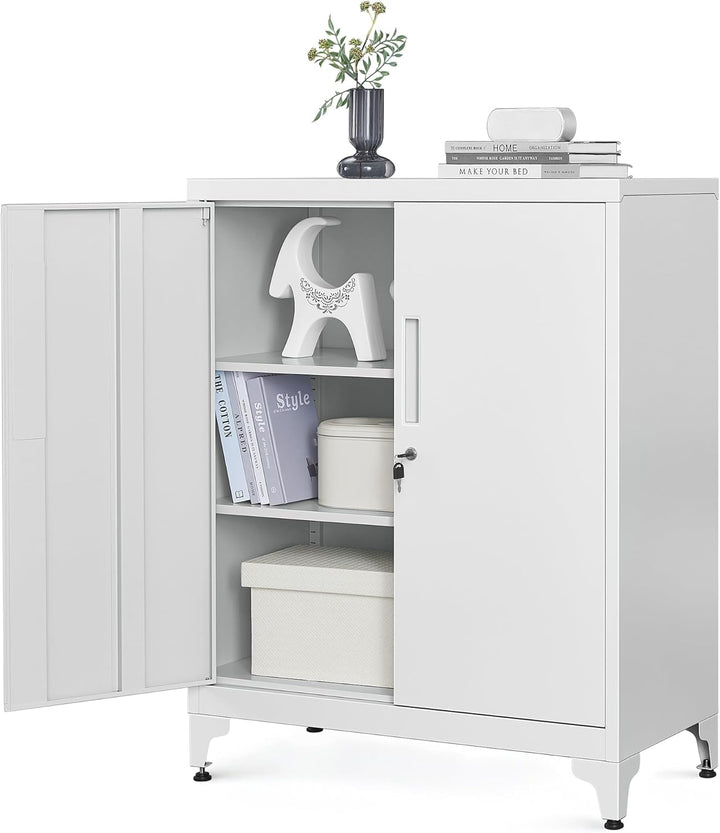 Opbevaringsskab med 2 låger og lås, gråt stålskab med dybe hylder, mål ca. 80 x 40 x 90 cm (H x B x D)