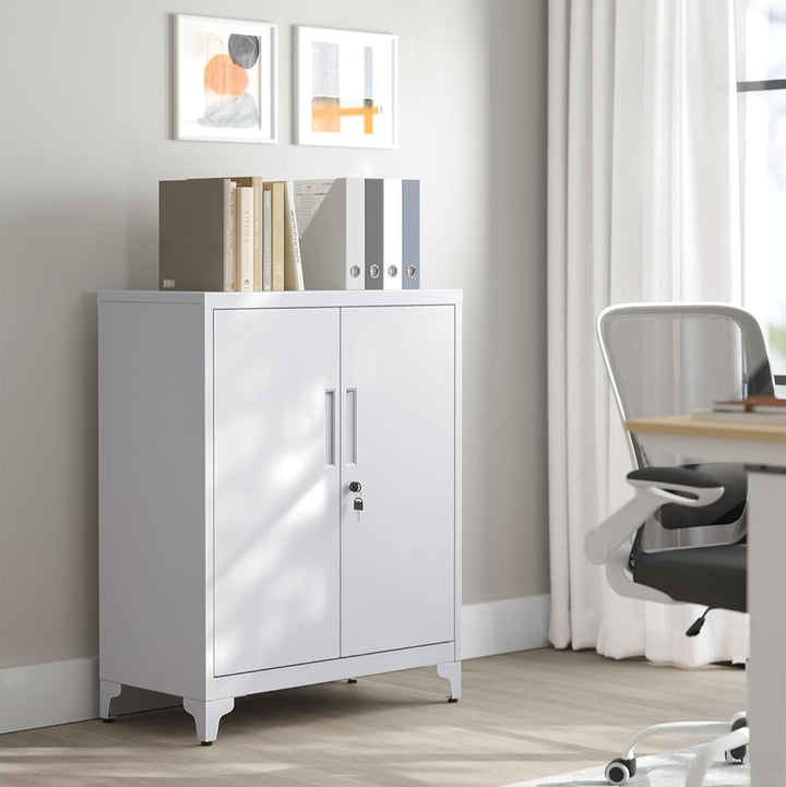 Opbevaringsskab med 2 låger og lås, gråt stålskab med dybe hylder, mål ca. 80 x 40 x 90 cm (H x B x D)