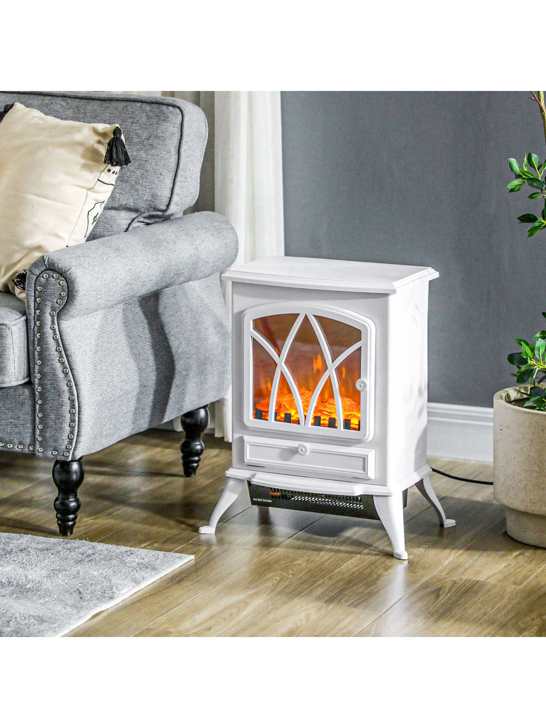 Elektrisk pejs med varmelegeme, LED-flammeeffekt, 1000/2000W, hvid