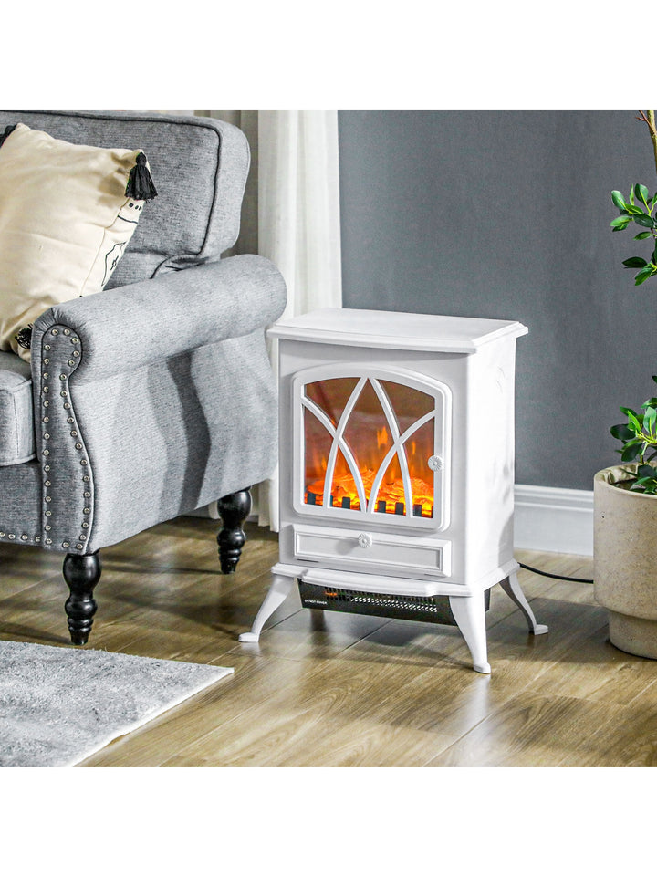 Elektrisk pejs med varmelegeme, LED-flammeeffekt, 1000/2000W, hvid