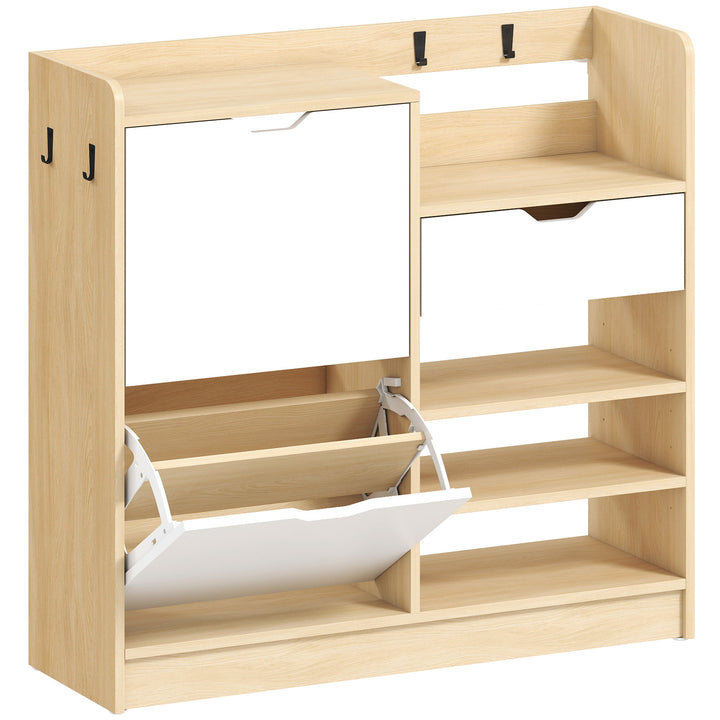 Skoreol til entré, skoskab med vippeskuffer, åbne hylder, 4 kroge, til op til 14 par sko, naturlig