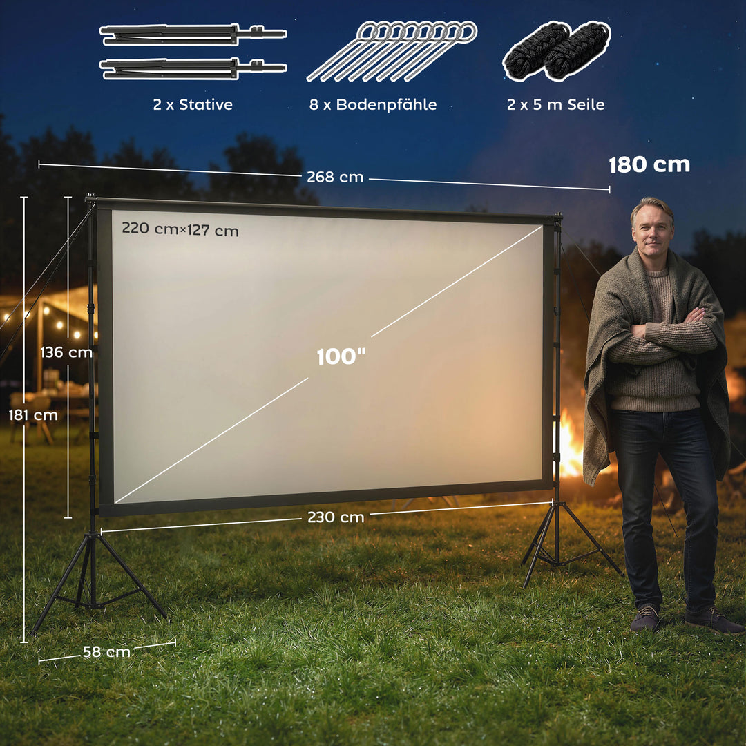 100 tommer 16:9 HD 4K/8K projektorlærred med stativ, bærbar dobbeltsidet lærred med foldbare stativer, hvid