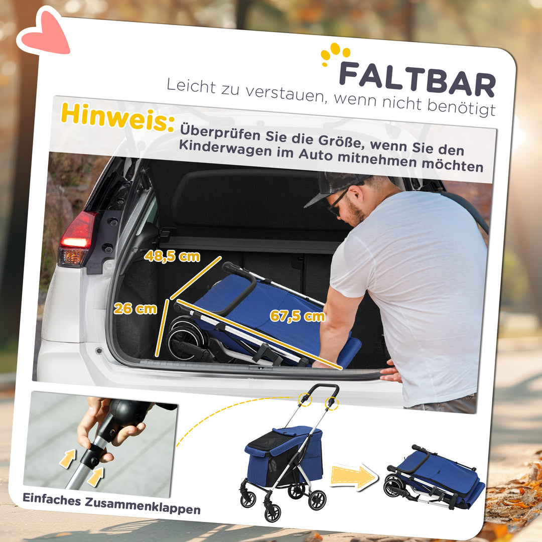 Hundeklapvogn, let og sammenklappelig transportvogn til små hunde, vaskbar hynde, netvindue, mørkeblå