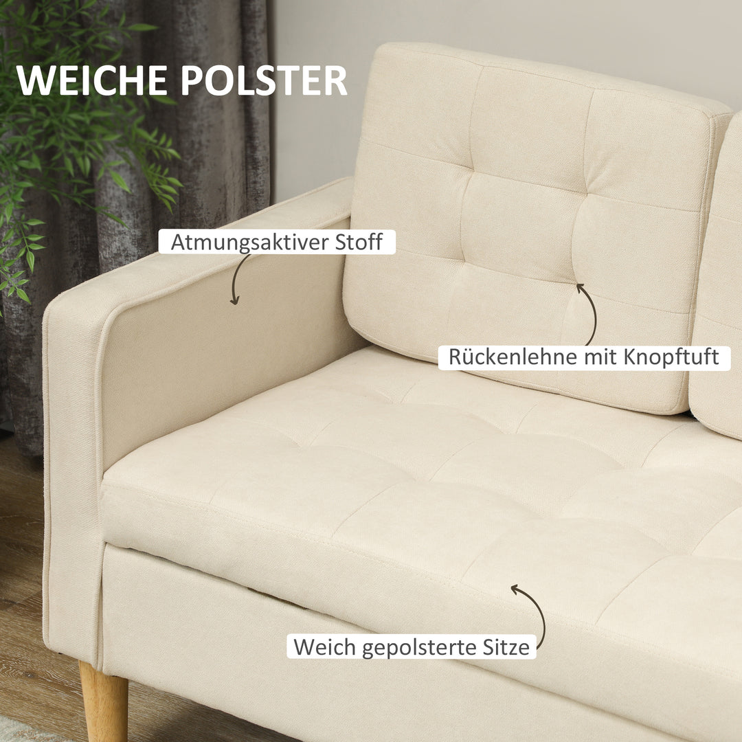 3-Personers sofa med opbevaringsplads, knapsyninger, polstret sofa, 166,5 x 62 x 82 cm, cremehvid