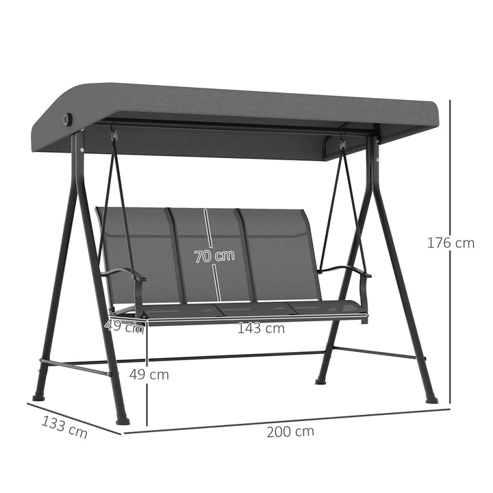 3-personers Hollywood gyngestol, justerbar solsejl, op til 240 kg, mørkegrå, 200 x 133 x 176 cm