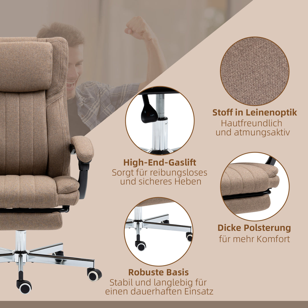 Kontorstol med massagefunktion, ryglæn med justerbar ryglæn, udtrækkelig fodstøtte, linnedlook, 65 x 61 x 118 cm, brun