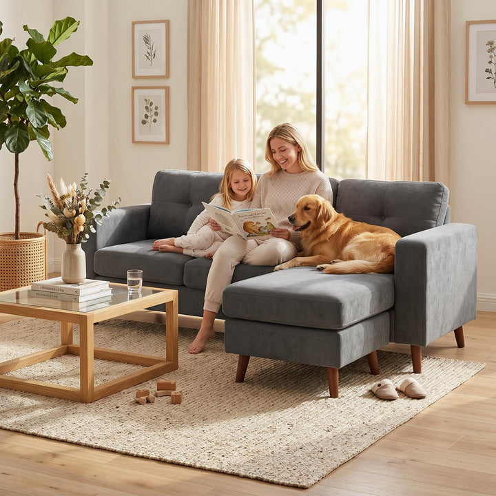 Hjørnesofa 192 cm L-formet 3-personers sofa med vendbar chaiselong, corduroy-look, til små rum, mørkegrå