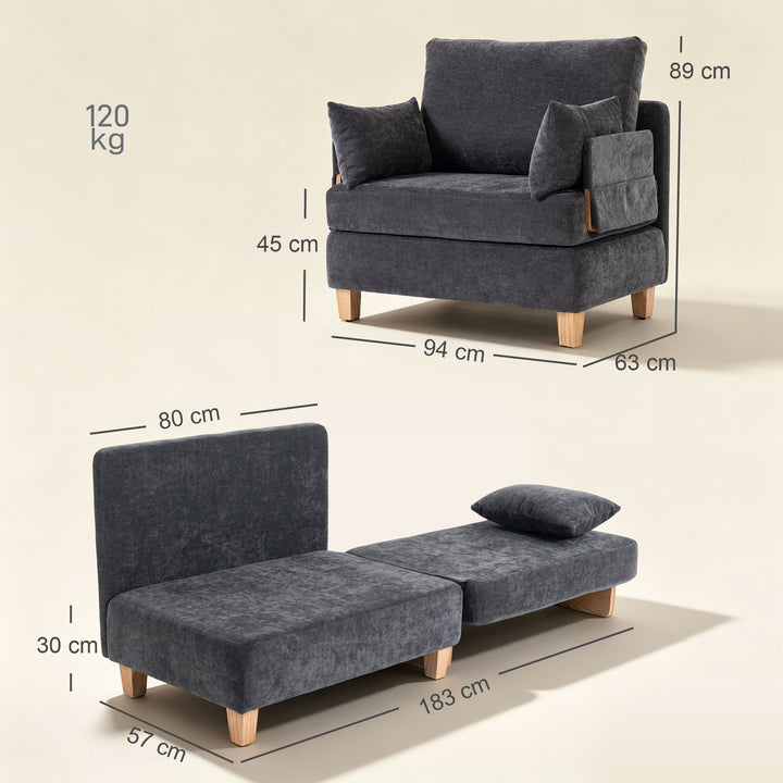 2-i-1 sovesofa med sengefunktion, 2 hynder, 183x57 cm, mørkegrå