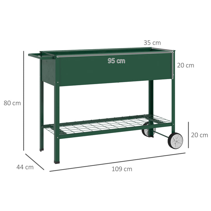 Højbed, plantekasse, 1 hylde, 2 hjul, 109 cm x 44 cm x 80 cm, grøn