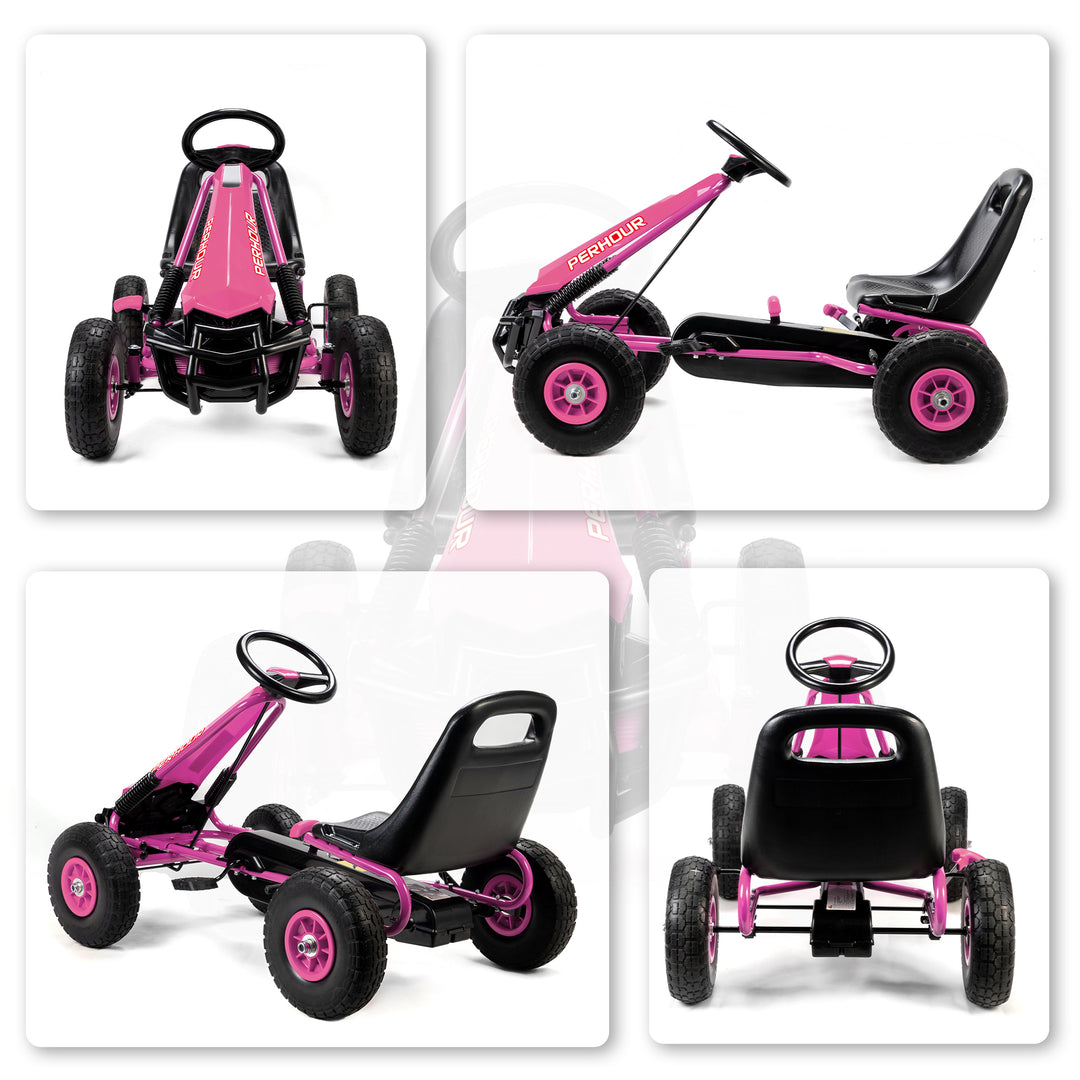 Pedal-gokart til børn, højdejusterbart sæde, EVA-hjul, bremse, kobling, alder 3-8, pink
