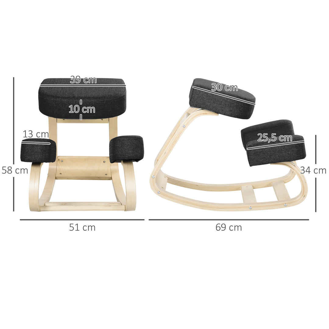 Knælestol, ergonomisk skammel, polstret skammel til sund siddestilling, birketræ, 120 kg lasteevne, sort