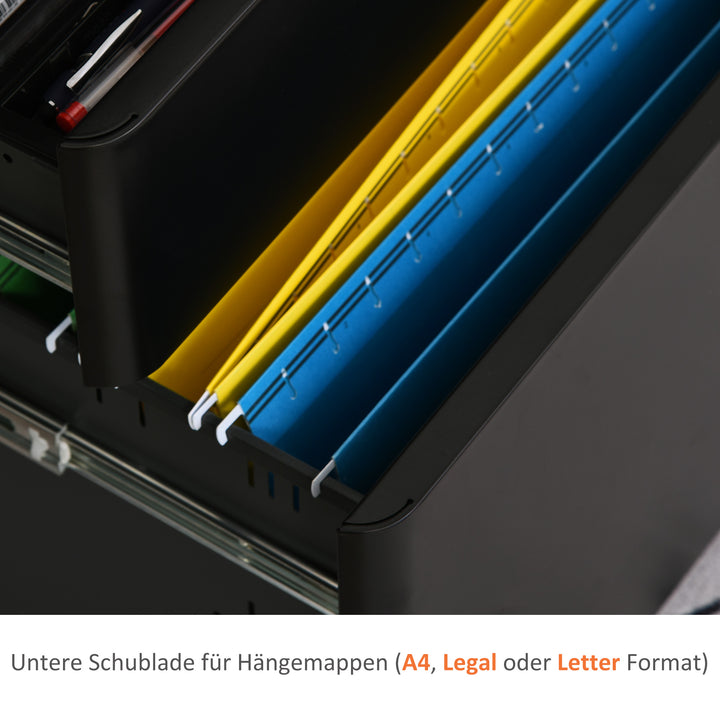 Mobilt arkivskab med 3 skuffer, aflåseligt kontorskab med hængemapper, opbevaring, stål, 39 x 48 x 59 cm, sort