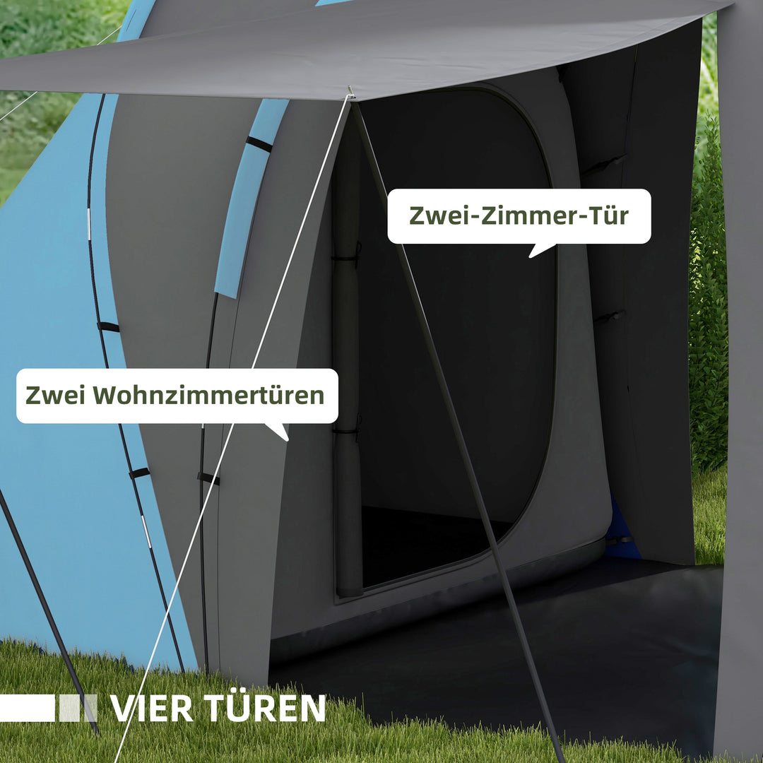 Tunneltelt, 2000 mm vandafvisende campingtelt til 4-6 personer, med 2 soveværelser, opholdsstue og bæretaske, grå+blå