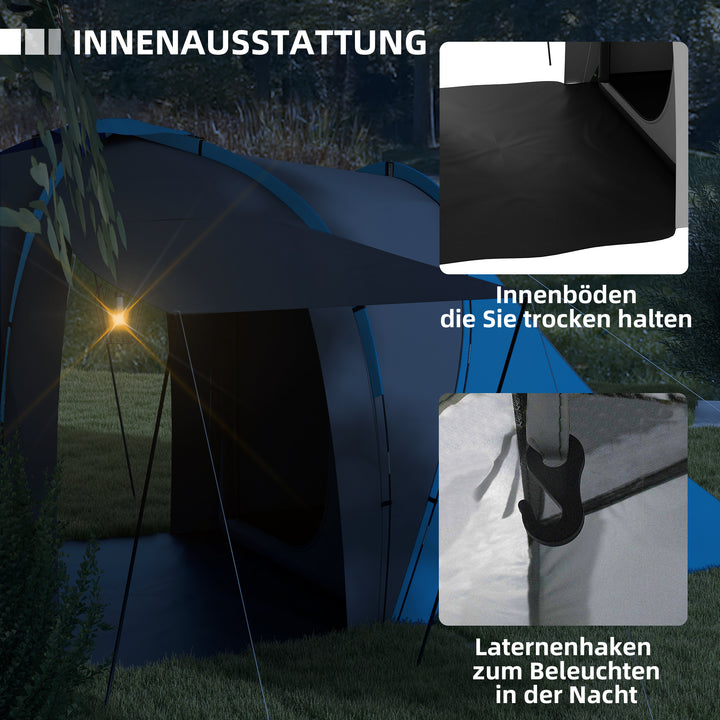 Tunneltelt, 2000 mm vandafvisende campingtelt til 4-6 personer, med 2 soveværelser, opholdsstue og bæretaske, grå+blå