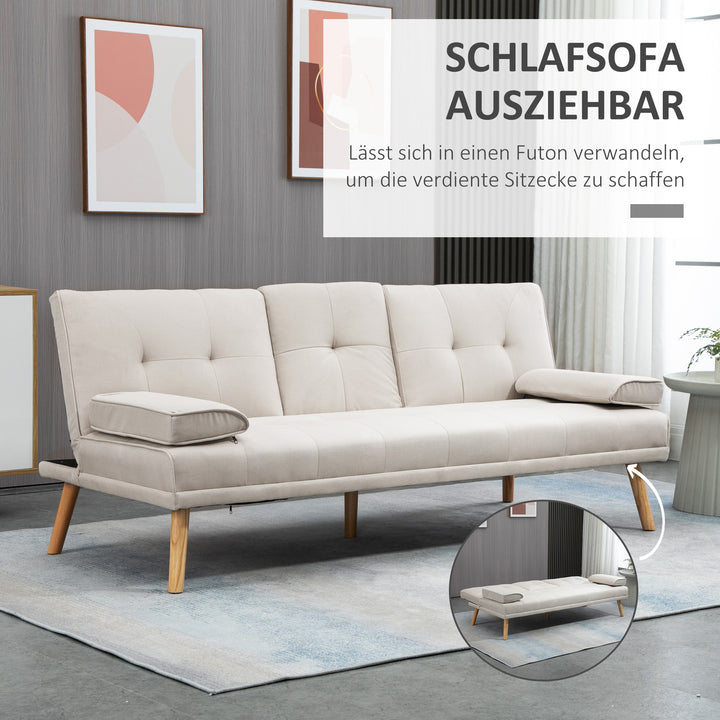 3-Personers sovesofa, ryglæn med justerbart lænestol og klapbord, to armlæn, linnedlook, beige, 181 x 77 x 78 cm