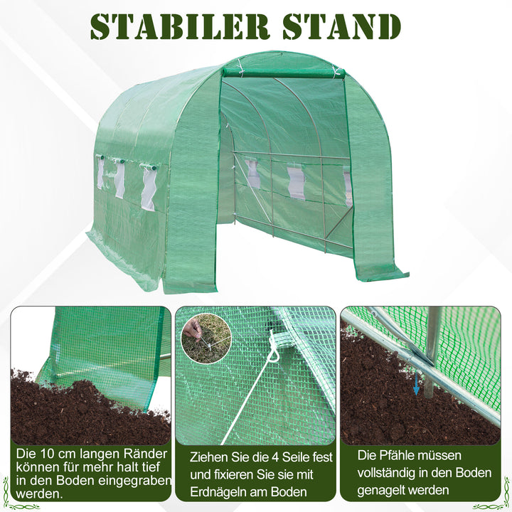 Drivhus 445x190x200cm plastikdrivhus tomathusdør med myggenet, vindue, galvaniseret stålfilmtunnel, staldplantetunnel, drivhus inklusive jordankerreb, grøn