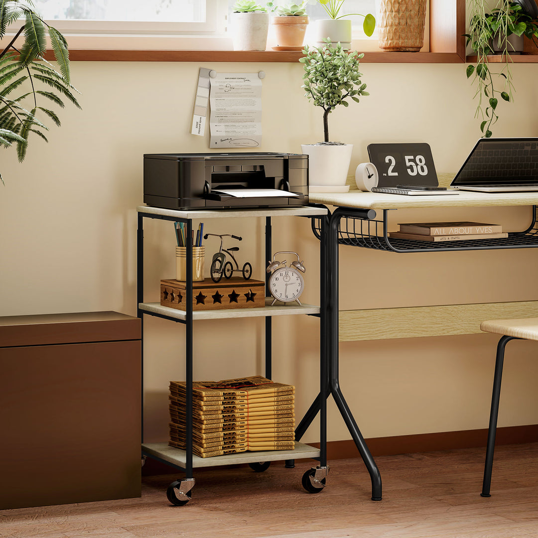 Printerstativ med 3 niveauer, højdejusterbart, mobilt printerbord på hjul, til hjemmekontor, metal og træ