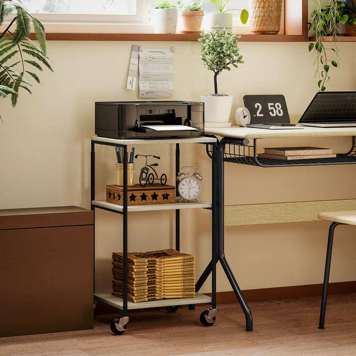 Printerstativ med 3 niveauer, højdejusterbart, mobilt printerbord på hjul, til hjemmekontor, metal og træ