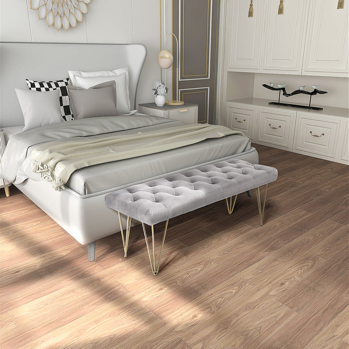 Bænk polstret bænk klaverbænk skobænk med fløjlslook sengebænk klaverbænk til soveværelse, stue, entré, metalgrå 116 x 44,5 x 49 cm