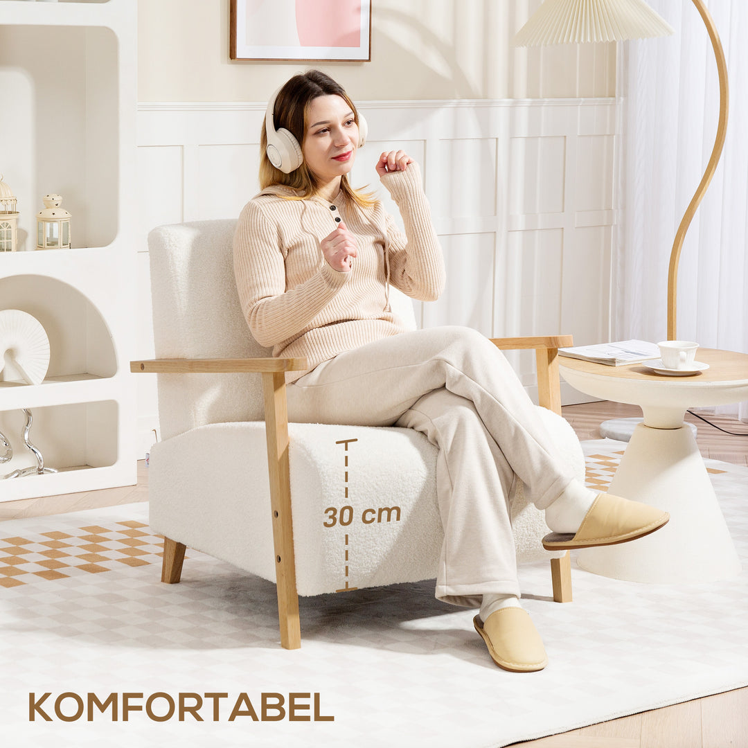 Lænestol med ryglæn, armlæn, polstret loungestol med sherpa-look, træben, til soveværelse, stue, op til 120 kg, cremehvid