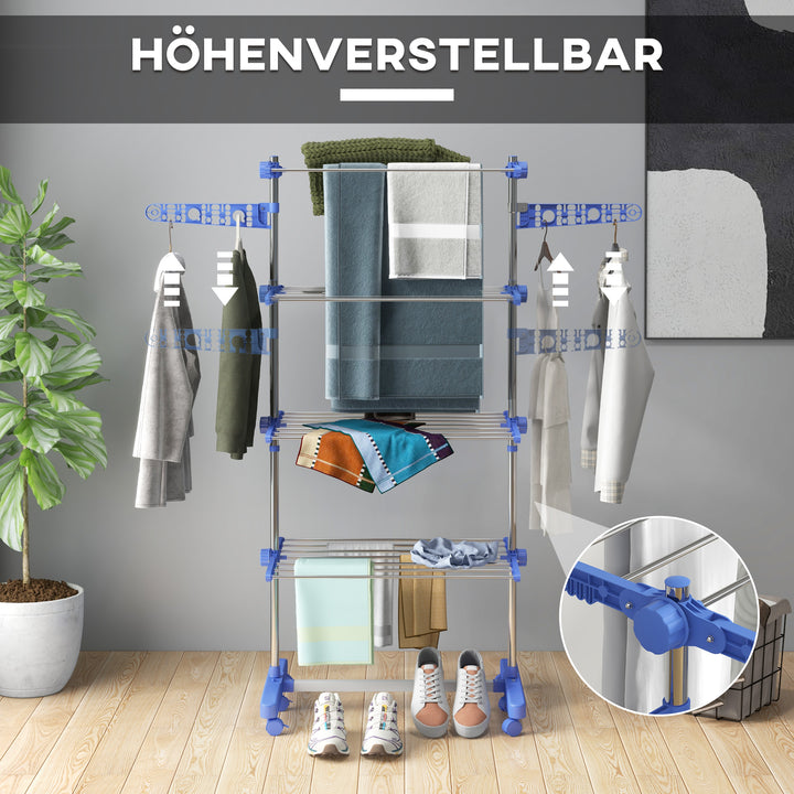 Tørrestativ med 5 niveauer, foldbar, et-klik-system, 142 cm x 55 cm x 1,72 cm, blå + sølv