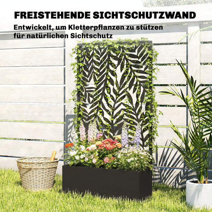 Blomsterkasse med afskærmning, plantekasse med espalier og tropiske bladmotiver, 61 x 23 x 113 cm, sort