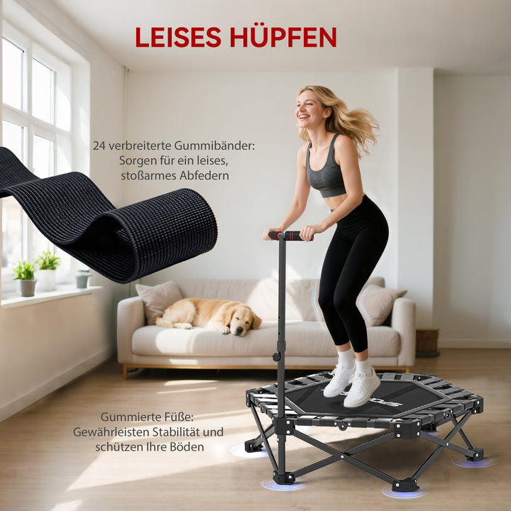 Fitnesstrampolin med justerbart T-håndtag, foldbar, bæretaske, 120 kg lasteevne, stål, plastik, sort