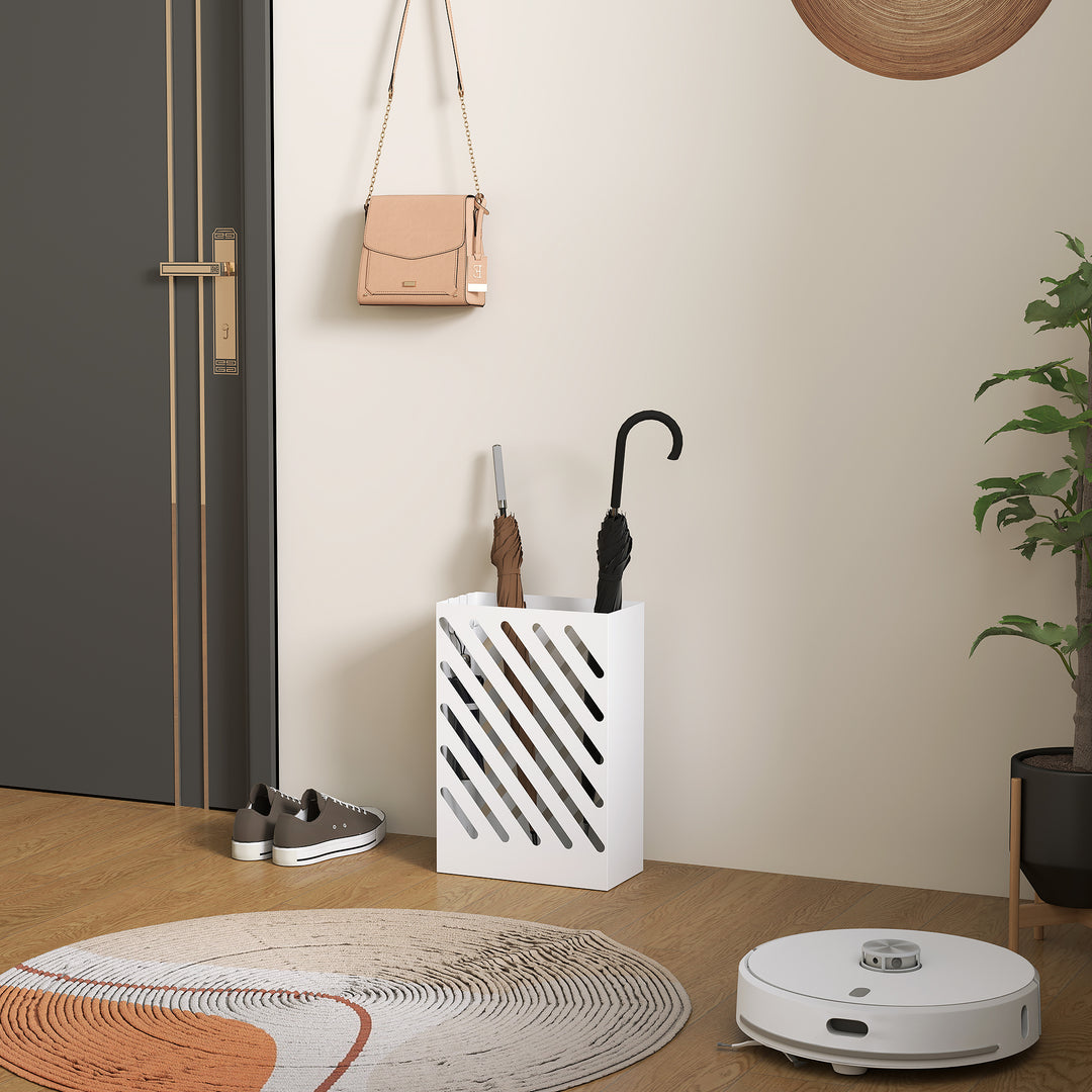 Paraplystativ med drypbakke, 4 kroge, stål, 28l x 14b x 41h cm, hvid