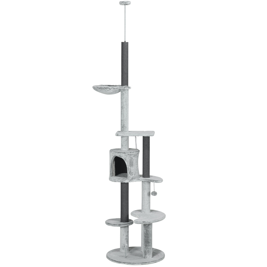 Kradsetræ med loftstrammer, hængekøje, hus, platforme, legebold, 225-255 cm, grå