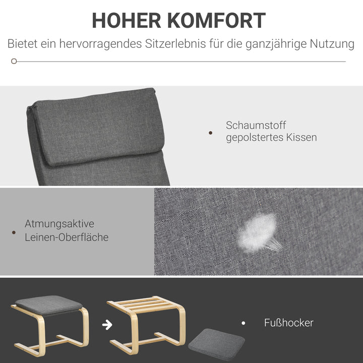 Lænestol med fodskammel, lænestolsæt, op til 120 kg, hørlook, massivt træ, grå + natur, 66,5 x 80 x 99 cm