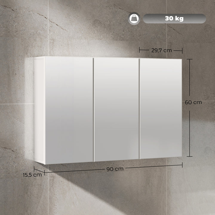 Spejlskab til badeværelse, badeværelsesskab med 3 spejldøre, vægmonteret, 90 x 15,5 x 60 cm, spånplade, hvid