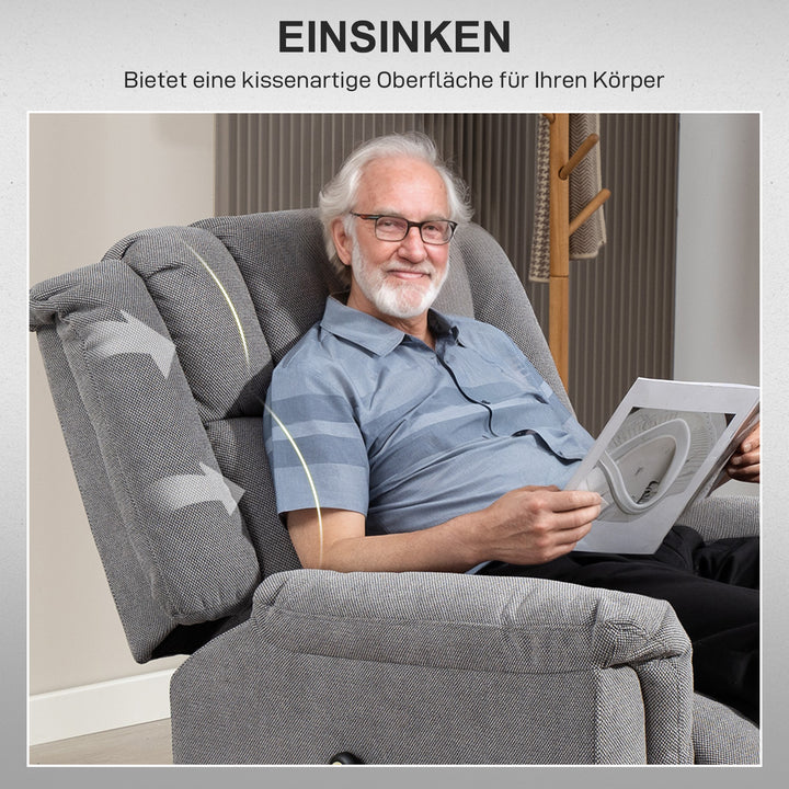 Powerlift-stol, massagestol med varmefunktion, polstret stol med fodstøtte, sidelomme, stofbetræk, mørkegrå