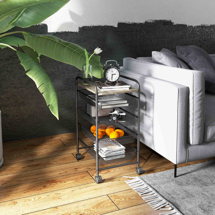 Rullevogn med 4 kurve, køkkenvogn, 4 hjul med 2 bremser, værktøjsvogn, sort, 41,5 x 31 x 66 cm