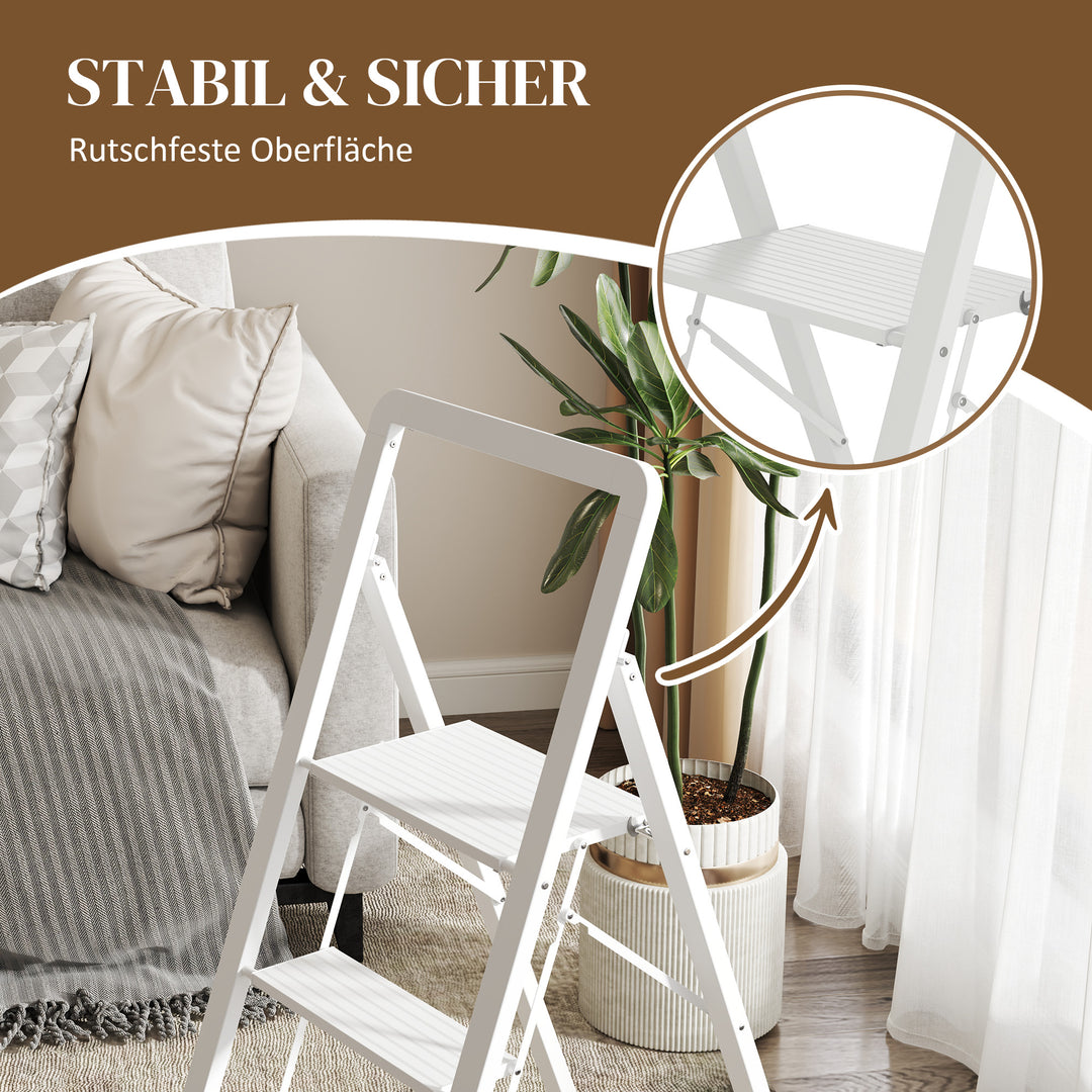 3-Trins trappestige, aluminium foldbar, skridsikker platform, hvid