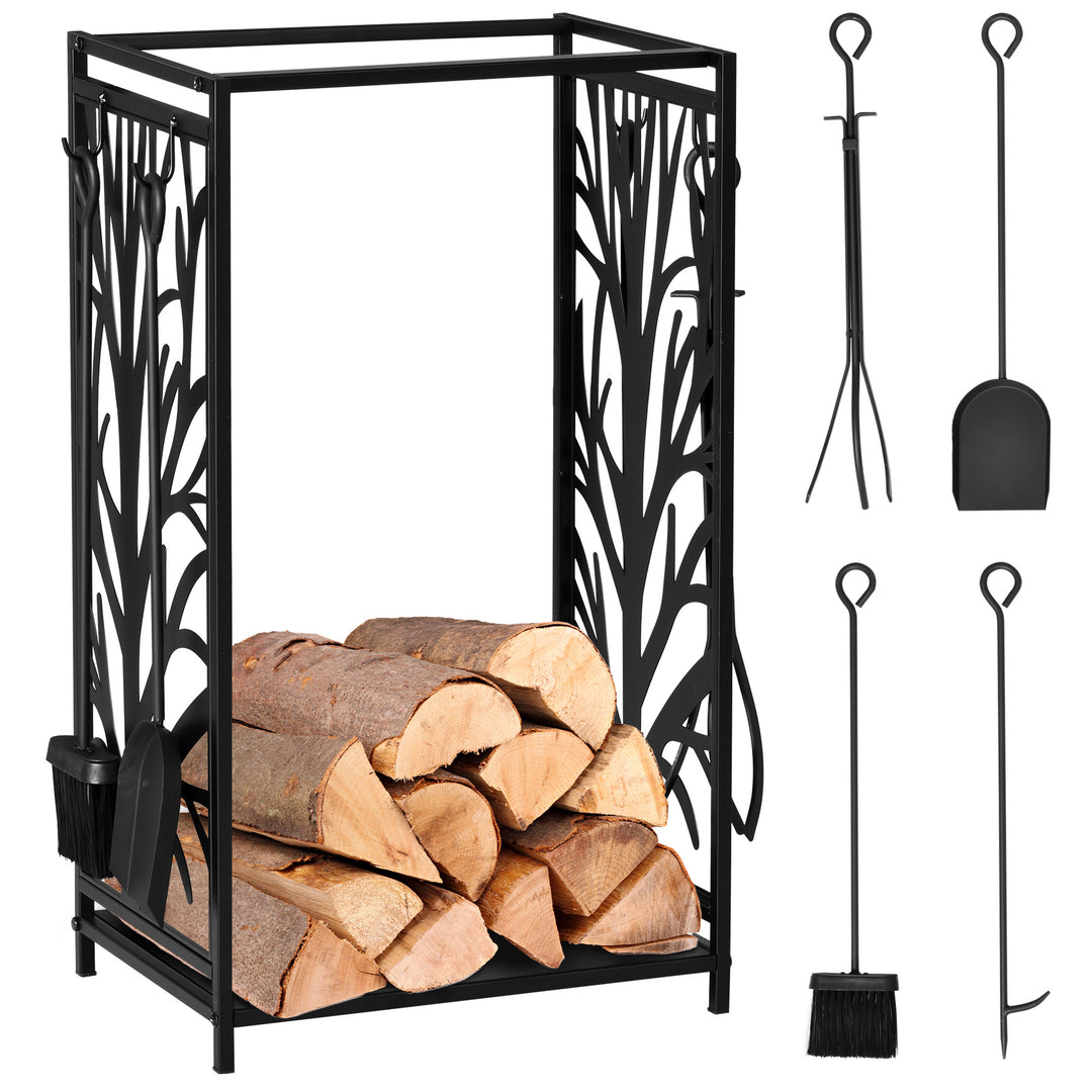 Indendørs brændestativ, stål, 46 x 30 x 70 cm, med 4 pejsekroge, pejseværktøjssæt, brændestativ til pejs eller komfur, brændestativ, brændeholder til brænde, sort
