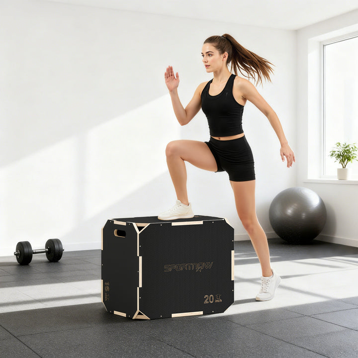 3-i-1 Plyo Box, hoppeboks med håndtagsåbninger, til hjemmefitness og udendørs træning, 3 hoppehøjder, træ, sort