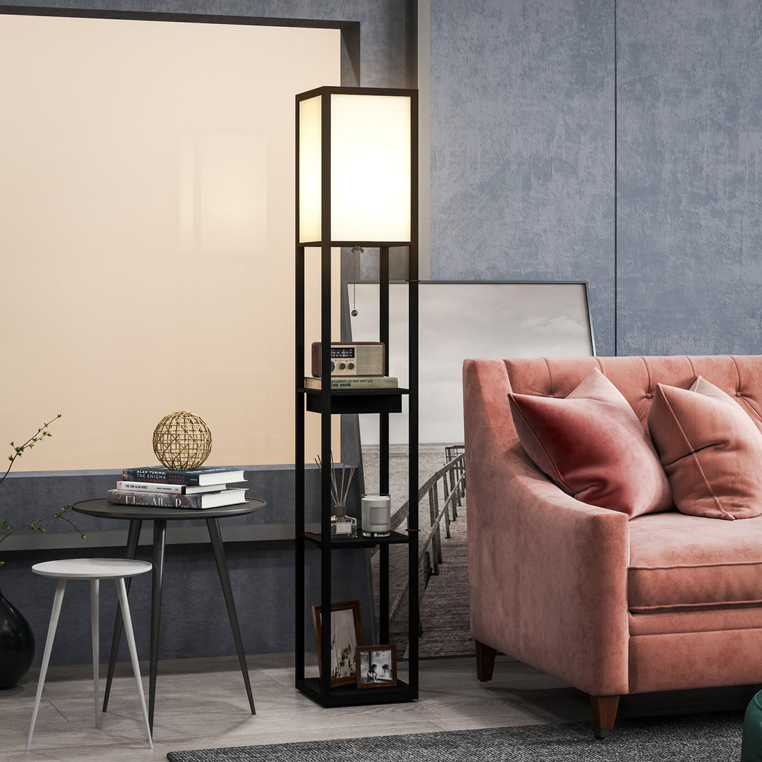 Gulvlampe med 3-lags hylde, fodkontakt, usb-porte, mdf, sort