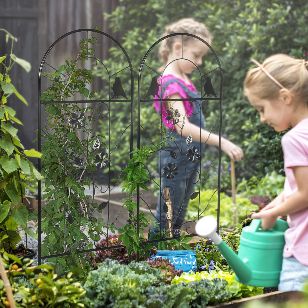 Sæt med 2 metalespalierer med fugle- og kløverdekoration til have og terrasse, sort, 38 x 98 cm