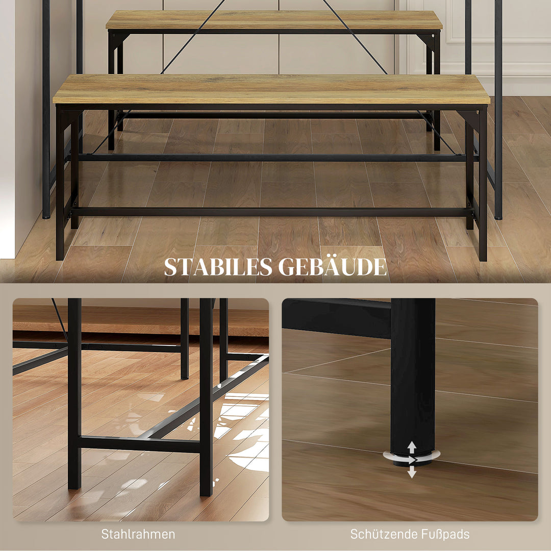 Spisesæt, bord og 2 bænke, industrielt design, stålstel, trædekor/sort