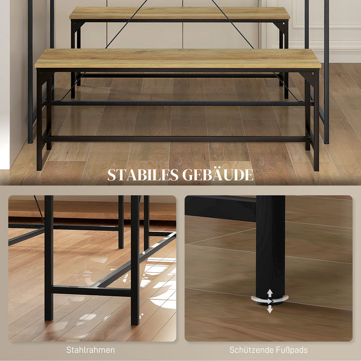 Spisesæt, bord og 2 bænke, industrielt design, stålstel, trædekor/sort