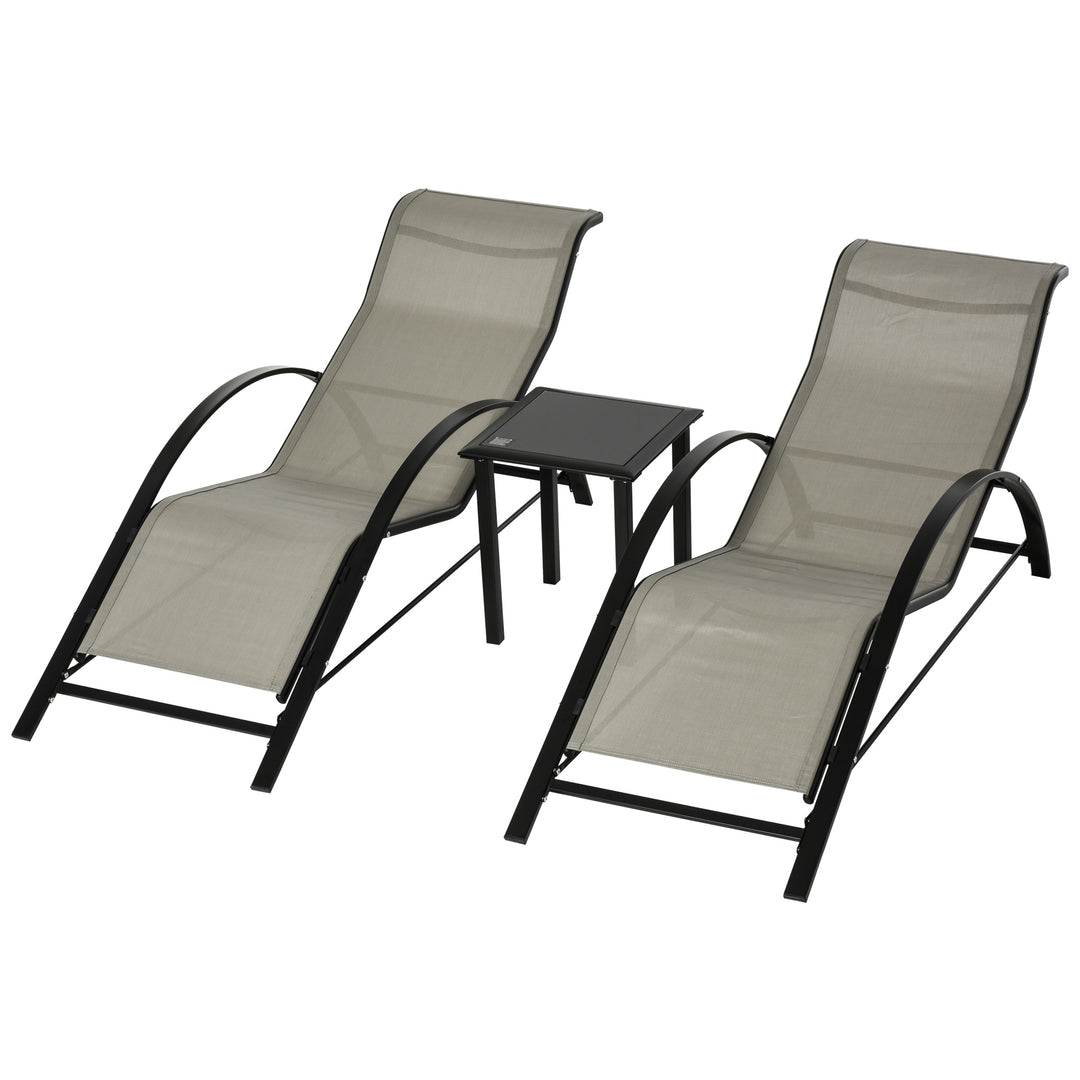 3-delt haveliggestolsæt, 2 liggestole og 1 sidebord, metalstel, grå+sort