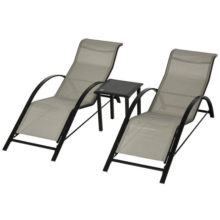3-delt haveliggestolsæt, 2 liggestole og 1 sidebord, metalstel, grå+sort