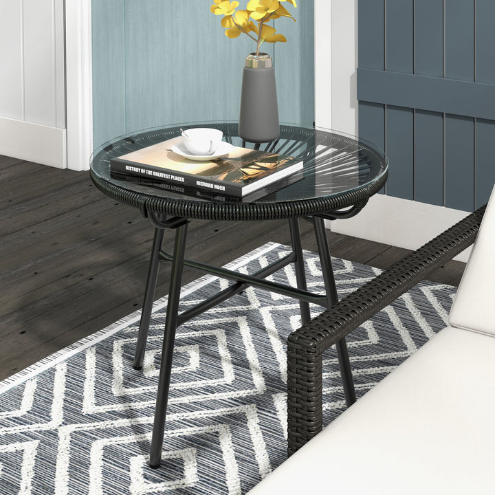 Havebord i bohemestil, udendørs sidebord, PE-rattan, hærdet glas, vejrbestandig, 50 cm x 50 cm x 50 cm, sort
