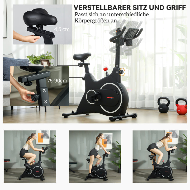 Motionscykel, fitnesscykel med lcd-skærm, tabletholder, flaskeholder, komfortabelt sæde, kompakt, sort